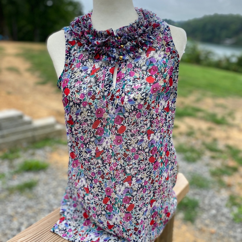 CAbi Floral Ruffle-Neck Tank Top in Purple, Pink, Red, Green